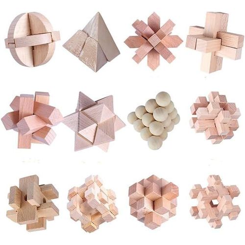Casse Tete Bois, 12 Pices 3D Puzzle Casse-tte en Bois, IQ Puzzle Mini Casse-tte en Bois Brain Teaser, Jeu Educatif Intellectuel Logique Jouet, Jouet Cadeau pour Enfants Adultes