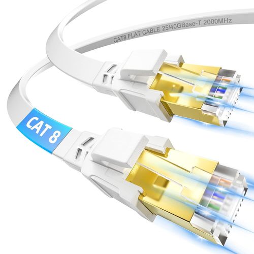 Cat 8 Cble Ethernet 5m, Cable RJ45 5m Plat Cable Rseau Ethernet 5m Haut Dbit Fibre 40Gbps 2000MHz, LAN Gigabit Haut Debit Blind Cble Internet Blanc pour PS5/4 Routeur Switch Xbox Modem PC