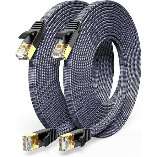 Cat7 Cble Ethernet 2m 2PACK, Haute Vitesse Rseau 10Gbit/s 600MHz Plat Tissage de Nylon Patch Cble STP Cble Ethernet RJ45 Compatible avec Routeur Modem Switch TV Box PC PS4/5