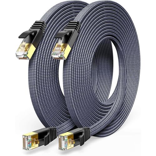 Cat7 Cble Ethernet 3m 2PACK, Haute Vitesse Rseau 10Gbit/s 600MHz Plat Tissage de Nylon Patch Cble STP Cble Ethernet RJ45 Compatible avec Routeur Modem Switch TV Box PC PS4/5