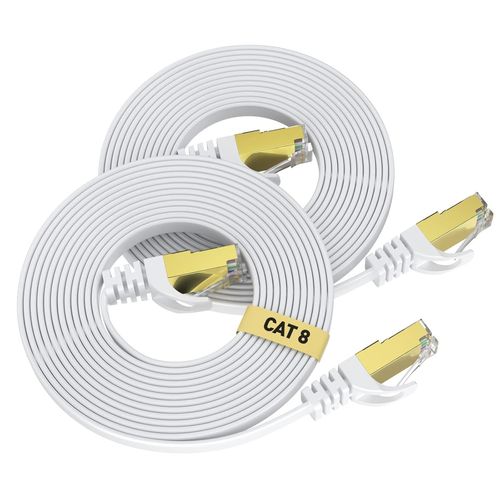 CAT8 Cble Ethernet 3 Mtre (2 Pices),40Gbps/2000Mhz Haut Dbit Gigabit RJ45 LAN Cble Rseau Internet,Cat-8 Plat Cble PatchBlind Robuste pour PS4/5 Ordinateur Modem PC TV-Blanc