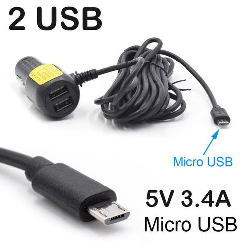 CBle De Chargement Dvr Dash Cam,Chargeur De Voiture,Mini Usb,Micro Usb,Usb De Type C,Alimentation De 11,5 Pieds,12-24v Pour CamRa Dvr,Gps - Type Micro Straight 2 Usb
