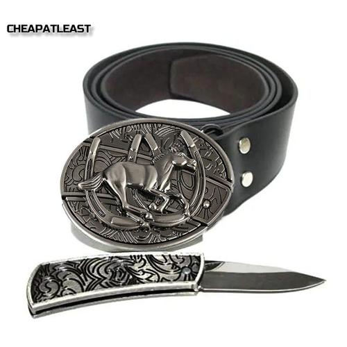 Ceinturon / Ceinture  Boucle Acier Avec Couteau Intgr Dissimul - Cheval Fer  Cheval En 3 D - Simili Cuir Noir - Cowboy / Western / Amoureux Des Chevaux