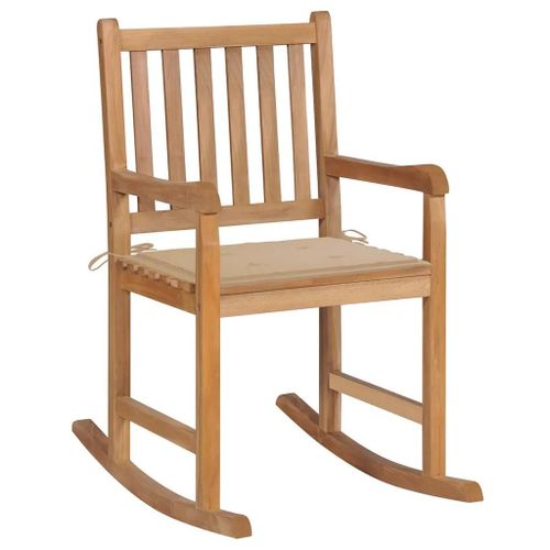 Chaise A Bascule En Bois De Teck | Avec Coussin Beige, Durable, Usage Interieur/Exterieur, Support Jusqu'a 110 Kg, Confort Optimal