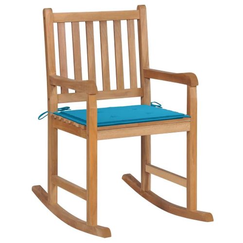 Chaise A Bascule En Bois De Teck Avec Coussin Bleu | Solide Et Durable, Usage Interieur/Exterieur, Confort Optimal, Support 110 Kg