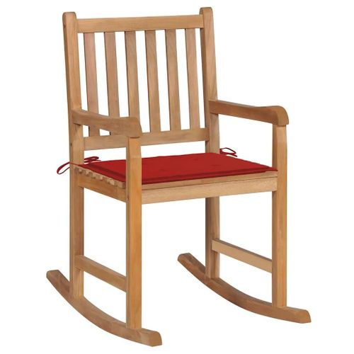 Chaise A Bascule En Bois De Teck | Avec Coussin Rouge, Resistant Aux Intemperies, Usage Interieur/Exterieur, Support 110 Kg, Confort Optimal