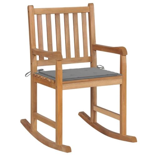 Chaise A Bascule En Bois De Teck Massif | Avec Coussin Gris, Resistant Aux Intemperies, Usage Interieur/Exterieur, Support 110 Kg, Confort Optimal