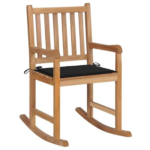 Chaise A Bascule En Bois De Teck Massif | Avec Coussin Noir, Resistant Aux Intemperies, Usage Interieur/Exterieur, Support 110 Kg, Confort Optimal