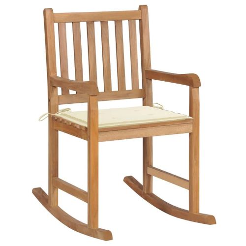 Chaise A Bascule En Bois De Teck Solide | Avec Coussin Creme, Usage Interieur/Exterieur, Resistant Aux Intemperies, Support 110 Kg