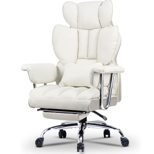 Chaise Bureau Avec Repose-Pieds, Fauteuil De Direction Large, Fauteuil De Bureau Avec Repose-Pieds Tlescopique, Soutien Lombaire, Dossier Inclinable, Pu Cuir, Blanc