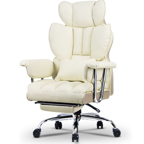 Chaise Bureau Avec Repose-Pieds, Fauteuil De Direction Large, Fauteuil De Bureau Avec Repose-Pieds Tlescopique, Soutien Lombaire, Dossier Inclinable, Pu Cuir, Jaune