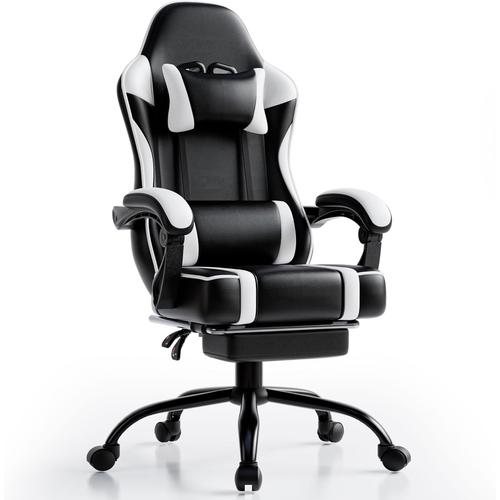 Chaise Gaming Pour Adulte, Chaise De Bureau Ergonomique Avec Dossier Rglable, Fauteuil Gaming Avec Appui-Tte Et Soutien Lombaire, Siege Gaming Rotatif Avec Accoudoir (Normal-Blanc)