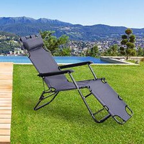 Chaise Longue Pliable Bain De Soleil Transat De Relaxation Dossier Inclinable Avec Repose-Pied Polyester Oxford Gris