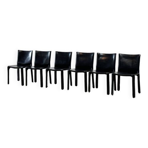 Chaises De Salle Manger Cab En Cuir Noir Mario Bellini Italie Annes 1970 Lot De 6 Noir