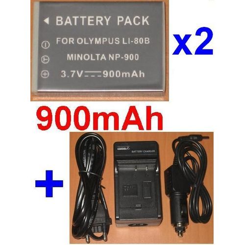 Chargeur + 2 Batteries 900mAh Pour Olympus Li-80B Li80B T100 T-100 X960 X-960, Konica Minolta NP-900 NP900 DiMAGE E40 E50, BENQ DC E43 E53 E63 C500, Rollei Prego DP5200 DP4200