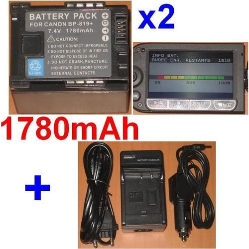 Chargeur + 2 Batteries Pour Canon **Info-Lithium** BP-819 BP819 Vixia HF10 HF11 HF100 HG20 HG21 FS10 FS11 FS100, Flash Memory Camcorder FS10 FS100 FS11 **1780mAh**