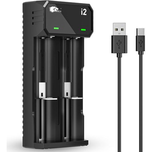 Chargeur Accu 18650,2 Slots Chargeur Piles Rechargeable Li-ION 3,7V 18650 18490 18350 18500 17500 14500 20700 21700 26650 Batterie au Lithium (avec USB-C)