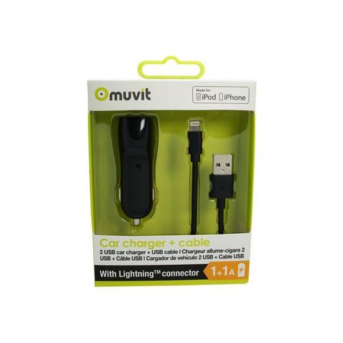 Muvit Car Charger + Cable - Adaptateur Allume-Cigare (Voiture) - 2 A - 2 Connecteurs De Sortie (Usb (Alimentation Uniquement)) - Sur Le Cble : Lightning - Noir - Pour Apple Iphone 7; Sony Xperia...