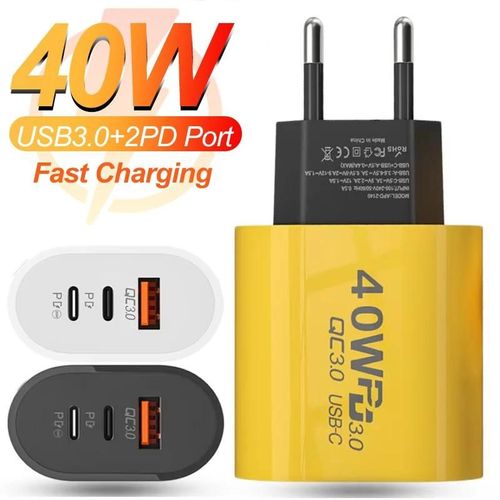 Chargeur de tlphone portable USB type-c 3 ports USB-A 40W type-c adaptateur de charge rapide ue/US pour ordinateur portable IPhone16 Samsung Android Xiaomi Yellow Type-C Cable