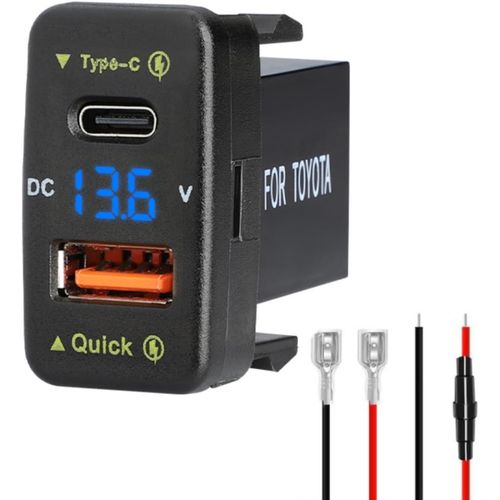 Chargeur de voiture double 18 W USB PD+QC3.0 Charge rapide pour Toyota,prise d'alimentation USB de type C avec affichage voltmtre LED,compatible avec les voitures 12/24 V (4,1 x 2,3 cm)