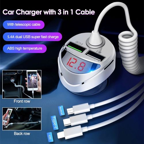 Chargeur De Voiture Rapide Qc 3.0 Avec Cble Usb 3 En 1, Micro Usb Type-C, Pour Iphone 11/7, Samsung, Xiaomi, Huawei