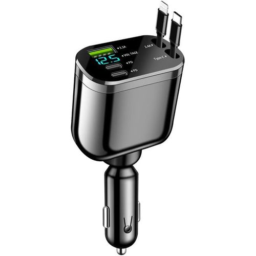 Chargeur De Voiture Rtractable 5 En 1 Chargeur De Voiture Super Rapide Avec 2 Cbles Rtractables (7 M) Et Affichage De Tension,5 Ports (Usb/2 Pd/Type-C/2,4 A) Compatible Avec Iphone,Android