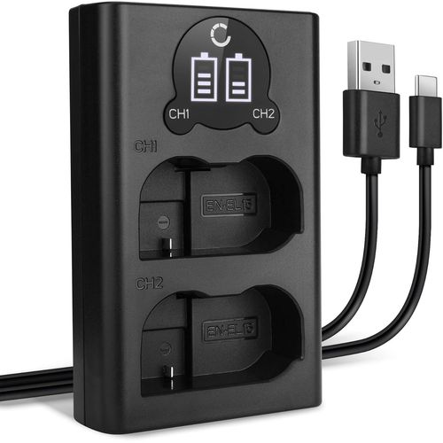 Chargeur Double EN-EL15 EN-EL15B Smart et Rapide compatible avec Nikon D750, Z6 Z7 Z5, 1 V1, D7000 D7100 D7200 D7500 D800E D810A D850 D600 D610 + Cble USB MH-25 Cble de Charge Alimentation