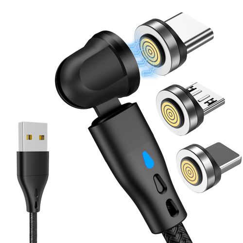 Chargeur Magntique Usb C, 18w Cble Magnetique Charge Rapide 2a, Rotation  360 ?? Et 180 , 3 En 1 Transfert De Donnes Cble Aimant Pour Micro Usb/Type C/Iproduits [2m]