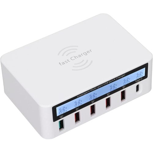 Chargeur Usb 40w 6 Ports Station De Charge Rapide Chargeur Usb Sans Fil Hub Usb Multiport Avec Dtection Ic/Shunt Intelligent/Affichage Numrique Lcd, Pour Tablettes Et Tlphon(Blanc Ue)