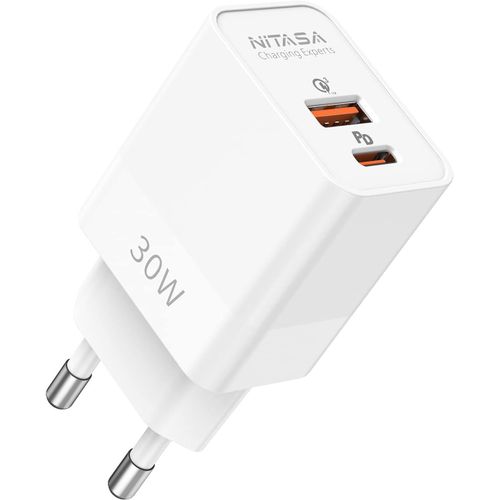 Chargeur Usb C, 30w 2 Port Gan Rapide Pd Usb Type-C Adaptateur Secteur Prise Avec Iphone 14/15/15 Pro/16/16 Pro Max/Ipad,Chargeur Rapide(25w Pps) Pour Samsung S23/S24,Google Pixel 8a 7/8 Pro 9
