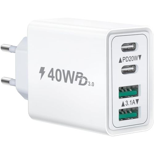 Chargeur Usb C, 40 W 4 Ports Prise Usb C Rapide, Double Port Pd+Qc Bloc Chargeur Usb C, Multiple Type C Adaptateur Secteur Pour Iphone 16 15 14 13 12 11 Pro Max Tlphone Samsung Tablette