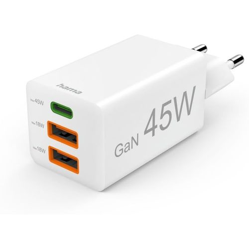 Chargeur Usb-C 45w Rapide  3 Ports (1 Usb-C Pd + 2 Usb-A Qc 3.0)  Recharge Ultra Rapide Pour Iphone, Samsung, Macbook  Design Blanc lgant