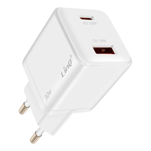 Chargeur USB-C Power Delivery 30W + USB 18W Quick Charge 3.0 Compact LinQ Blanc