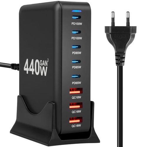 Chargeur Usb C Rapide 440w, Gan Chargeur Secteur Usb Multiple 5 Usb C+3 Usb-A, Chargeur Rapide Station De Charge Adaptateur Compatible Avec Macbook Pro/Air, I-Pad, I-Phone, Galaxy, Huawei