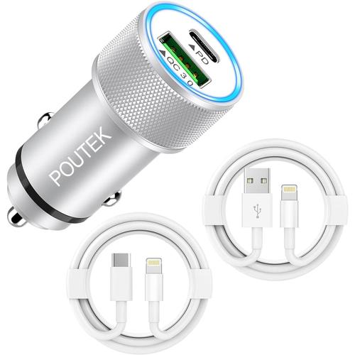 Chargeur Voiture Iphone Avec 2x Cble Lightning [Certifi Apple Mfi], 38w Chargeur Allume Cigare Usb C Rapide Adaptateur Prise Allume Cigare Usb Chargeur Voiture Pour Iphone 14 13 12 11 Pro Max/Xs/8/7