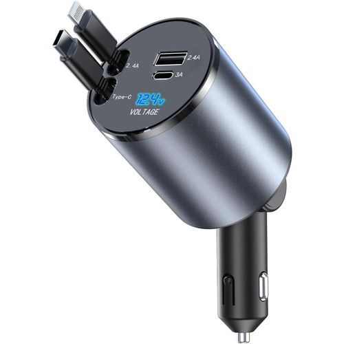 Chargeur Voiture Rtractable - Retractable Car Charger 60w Mobile Phone Quick Charger, 12v Usb Cigarette Lighter Adapter With Lightning And Type-C Cable - Rounds[Auto5131631]