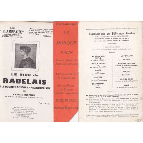 Charles Hertrich --- Lot De 11 Revues Les Flambeaux ---- La Fontaine - Montaigne - Marc Aurele  - Rabelais - Michel Ange - Paganini - Victor Hugo -Pasteur - Descartes -  Peguy - Virgiles   de Charles HERTRICH 
