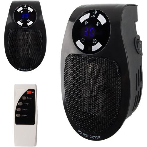 Chauffage Enfichable 500W, Mini Chauffe-Air lectrique Socket, Chauffage D'espace Mural avec Tlcommande, Radiateur lectrique Soufflant 500W avec 2 Vitesses D'air, Thermostat, Timer(noir)