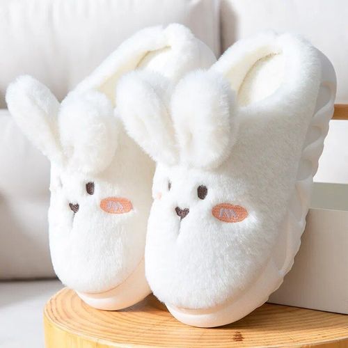 Chaussons De Lapin Blanc Moelleux Pour Femmes,Pantoufles De Maison En Coton,Chaussures  Semelle Souple En Fourrure Douce,Maison Et Intrieur,Chaud Et Mignon,Hiver