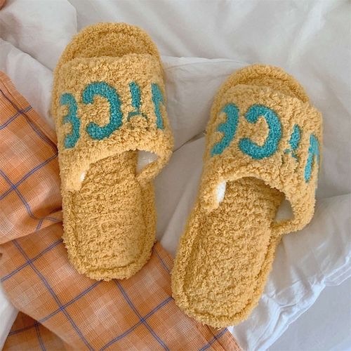 Chaussons En Coton Avec Un Mot Lettres D'automne Et D'hiver Pantoufles En Coton En Peluche Femmes
