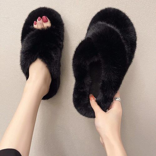 Chaussons En Fourrure Moelleux Pour Femmes,Chaussures En Peluche,Tongs Floues,Chaud,Intrieur,Maison,Salon,Chambre,Femme,Rembourr,Sourire,Hiver - 42
