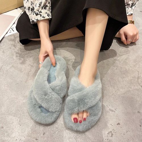 Chaussons En Fourrure Moelleux Pour Femmes,Chaussures En Peluche,Tongs Floues,Chaud,Intrieur,Maison,Salon,Chambre,Femme,Rembourr,Sourire,Hiver - 42
