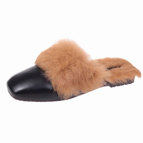 Chaussons Plats En Cuir Pour Femmes, Pantoufles De Maison Chaudes Et Dcontractes,  Demi-Trane, En Fourrure Carre, 2021 - 39