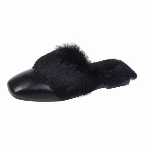 Chaussons Plats En Cuir Pour Femmes, Pantoufles De Maison Chaudes Et Dcontractes,  Demi-Trane, En Fourrure Carre, 2021 - 35