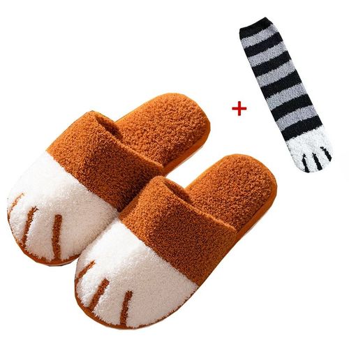 Chaussure D'hiver D'intrieur En Coton Pour Femmes, Mignon Dessin Anim Patte De Chat Hommes Femmes Amoureux Diapositives De Fourrure Plus Velours Chaud Fond Doux Pantoufles Pour Femmes