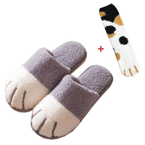 Chaussure D'hiver D'intrieur En Coton Pour Femmes, Mignon Dessin Anim Patte De Chat Hommes Femmes Amoureux Diapositives De Fourrure Plus Velours Chaud Fond Doux Pantoufles Pour Femmes