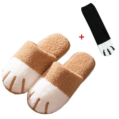 Chaussure D'hiver D'intrieur En Coton Pour Femmes, Mignon Dessin Anim Patte De Chat Hommes Femmes Amoureux Diapositives De Fourrure Plus Velours Chaud Fond Doux Pantoufles Pour Femmes