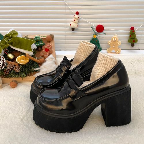 Chaussures  Plateforme Rtro Pour Femmes,Chaussures Uniformes Dcontractes,Chaussures En Cuir  Talons Hauts,Chaussures Imprims Mary Gasoline Solid Document Pour Dames,2023 - 35