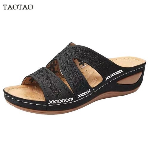 Chaussures D't  Semelles Compenses Pour Femmes, Pantoufles Dcontractes Pour Dames, Diapositives De Plage Confortables, Sandales Solides  La Mode, Grande Taille - 39