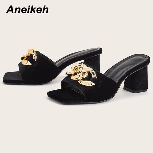 Chaussures D't  Talons Carrs Pour Femmes, Nouvelle Mode, Pantoufles  Bout Ouvert, Dcoration En Mtal Peu Profonde, Patchwork lgant, 2022 - 38